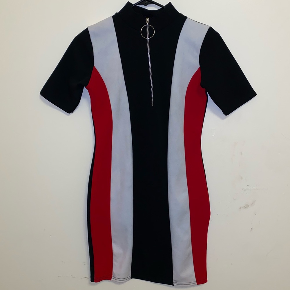 Black, White, and Red Racer-Style Mini Dress